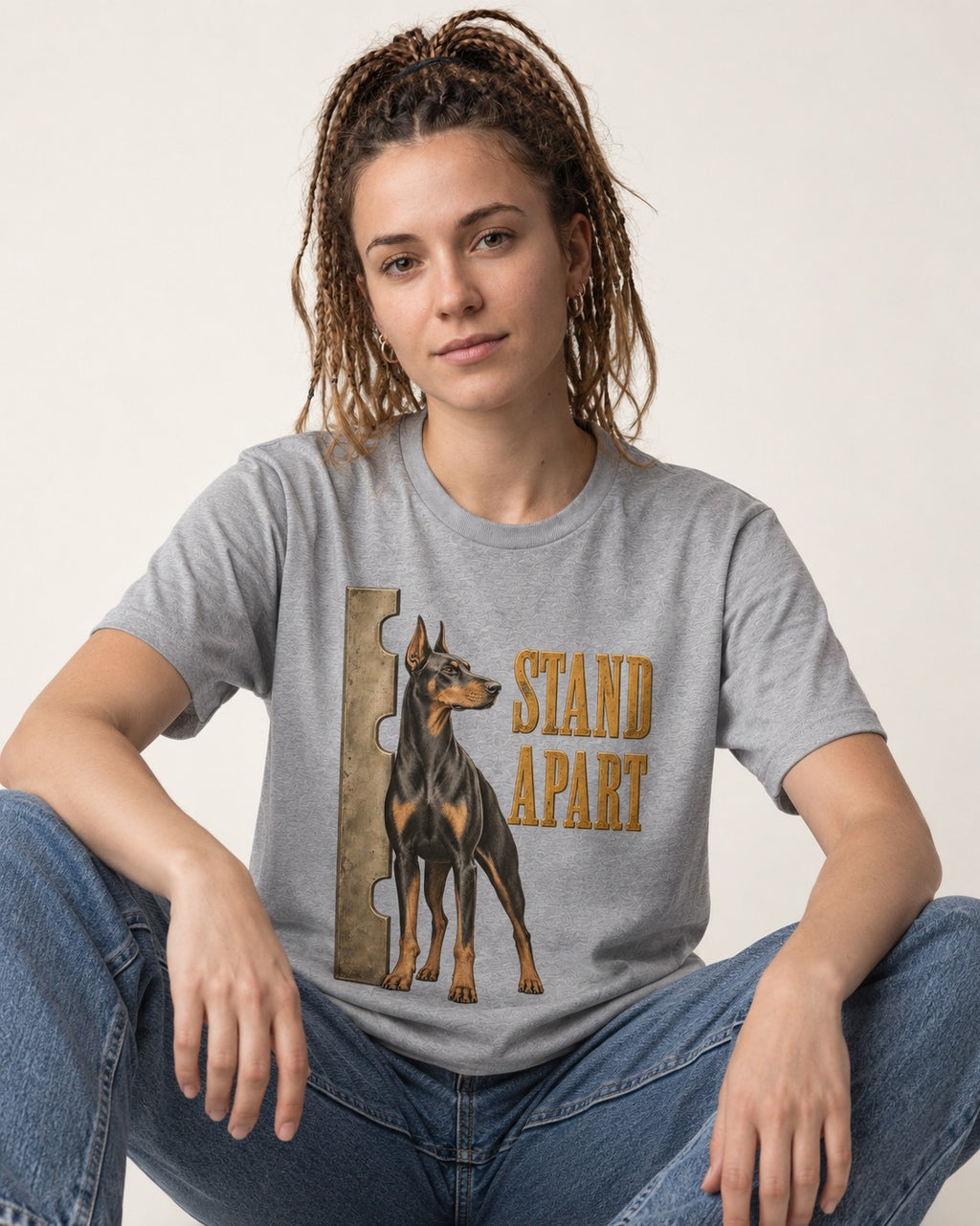 Doberman Stand Apart T-Shirt in Sport Grey, worn by a seated model