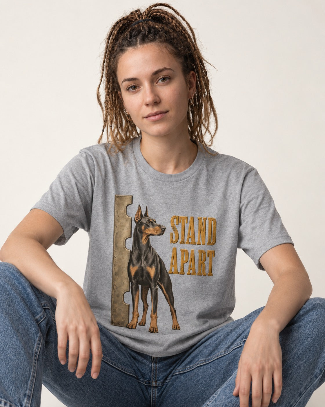 Doberman Stand Apart T-Shirt in Sport Grey, worn by a seated model