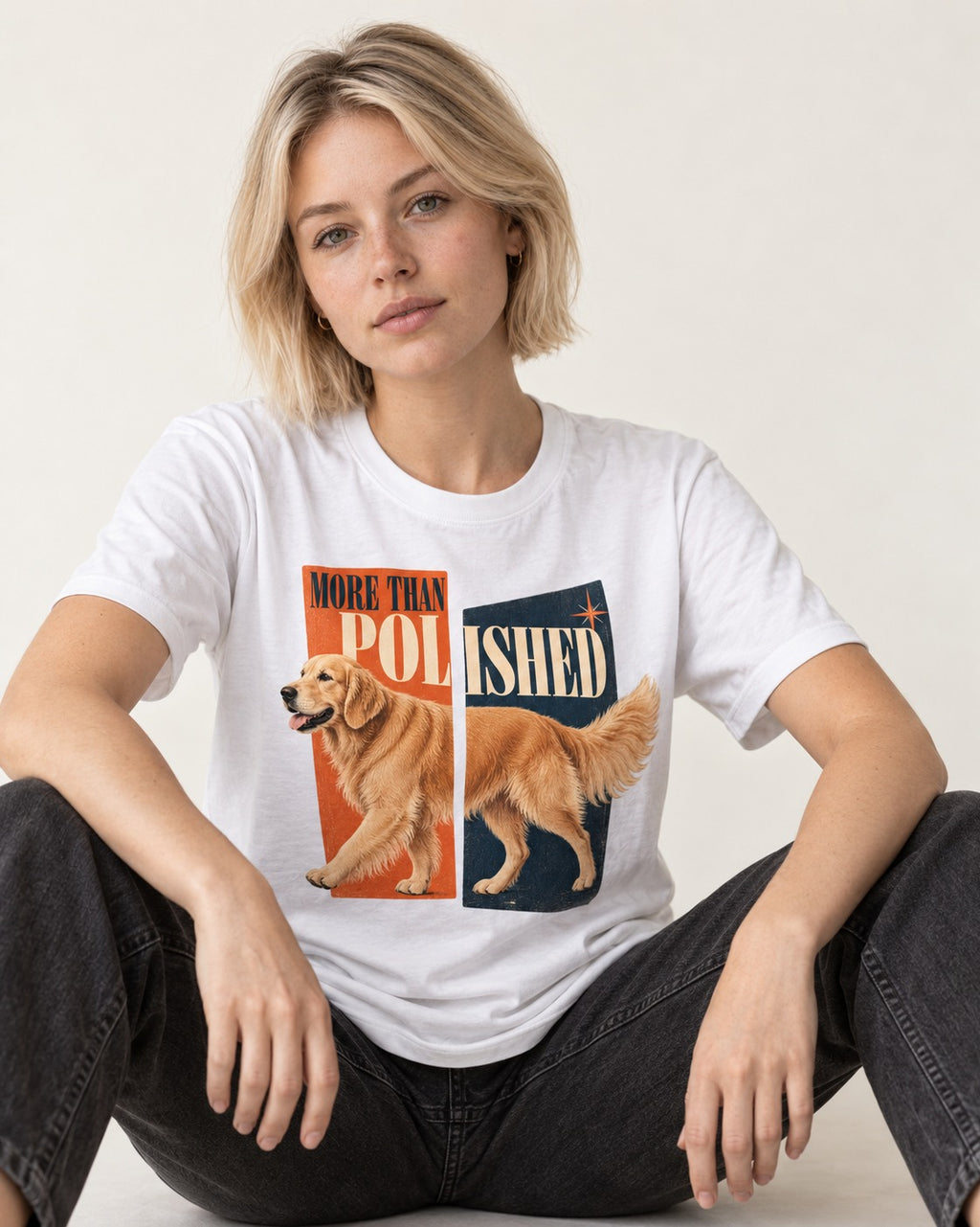 Golden Retriever More Than Polished Split Panel Graphic T-Shirt in White, worn by a seated model