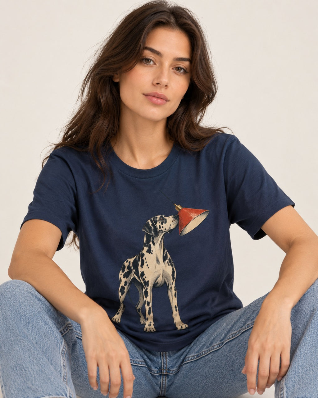 Great Dane Inspecting Hanging Lamp Graphic T-Shirt in Navy, worn by a seated model