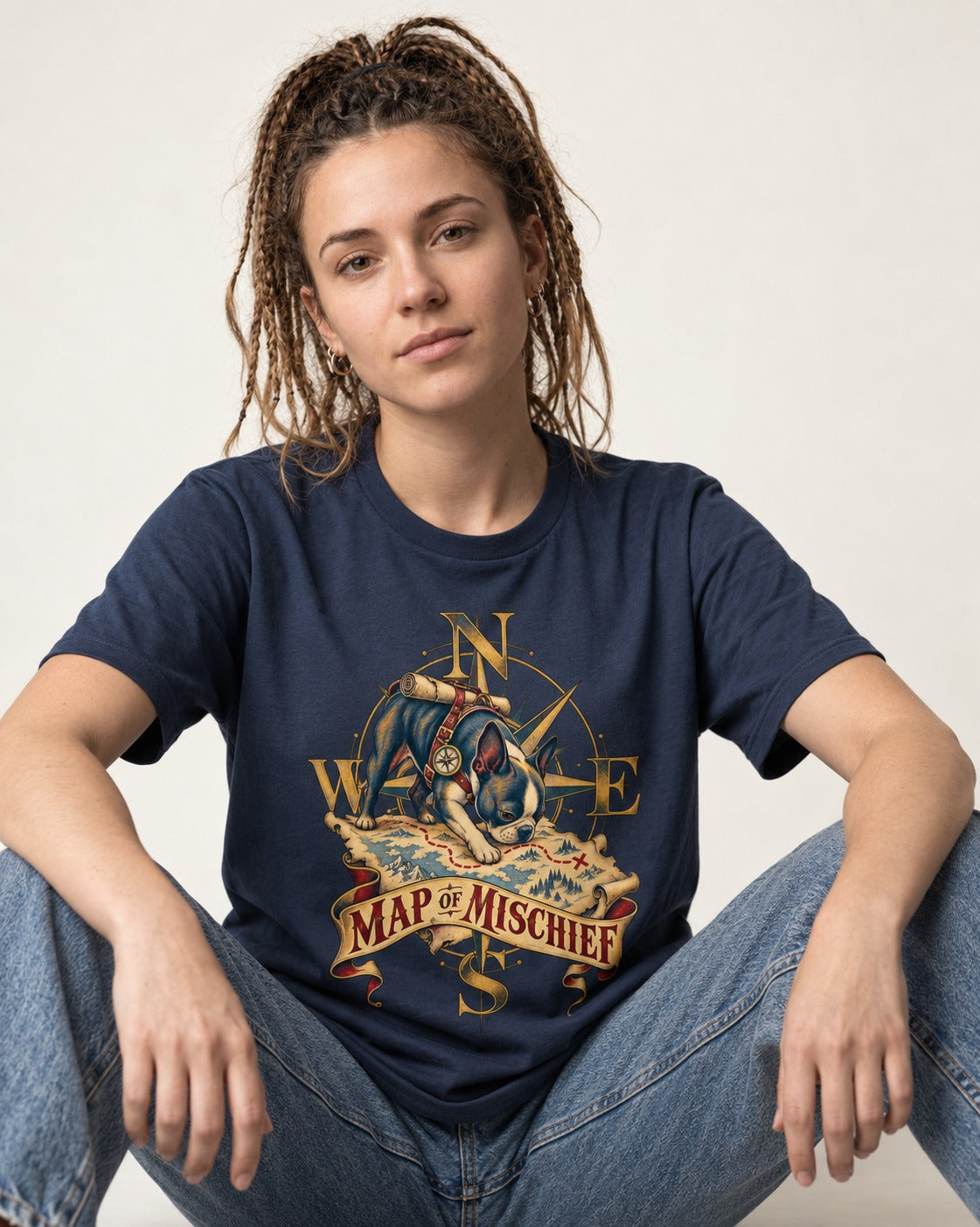 Map of Mischief Boston Terrier T-Shirt in Navy, worn by a seated model