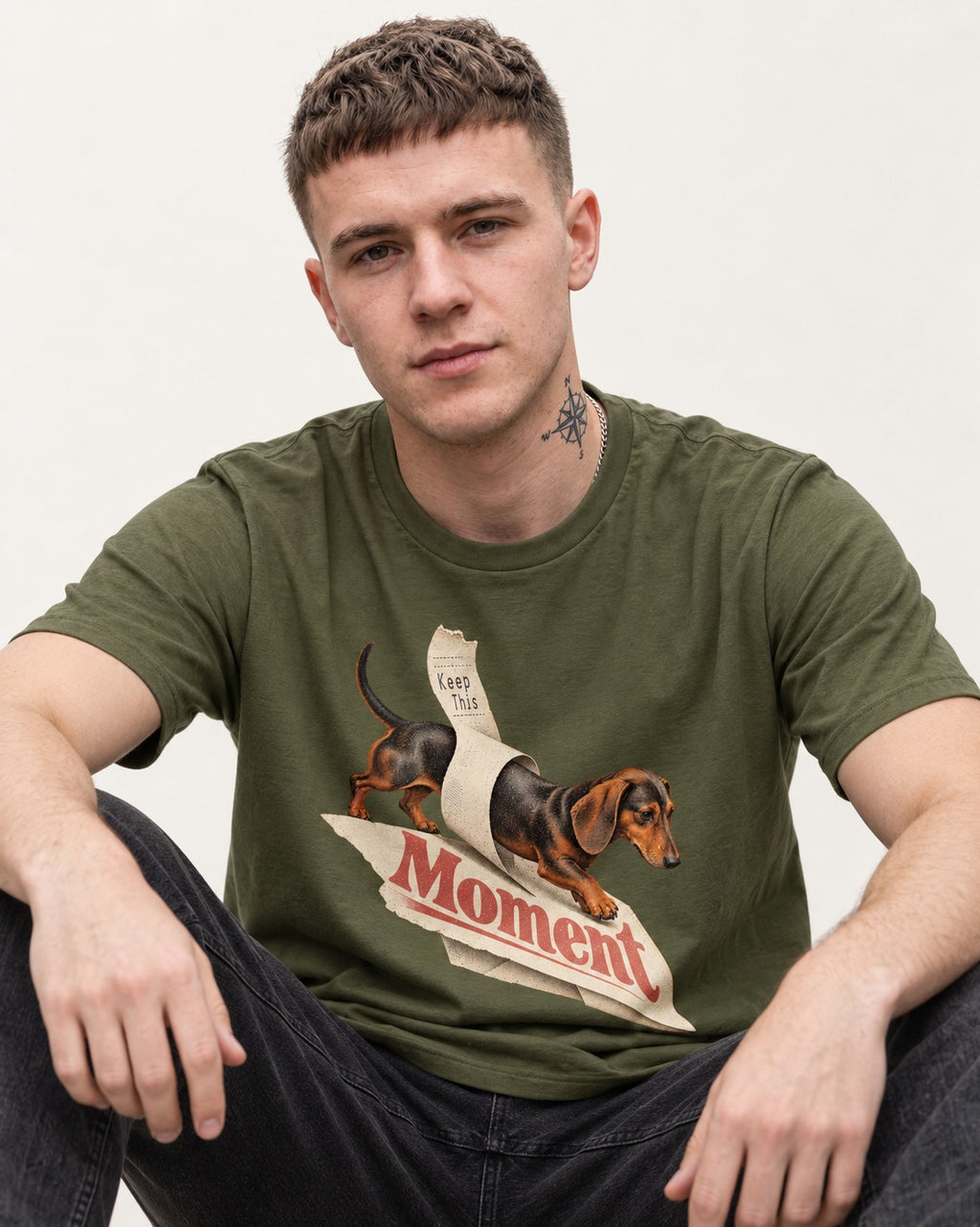 Dachshund Keep This Moment Receipt Graphic T-Shirt in Heather Military Green, worn by a seated model