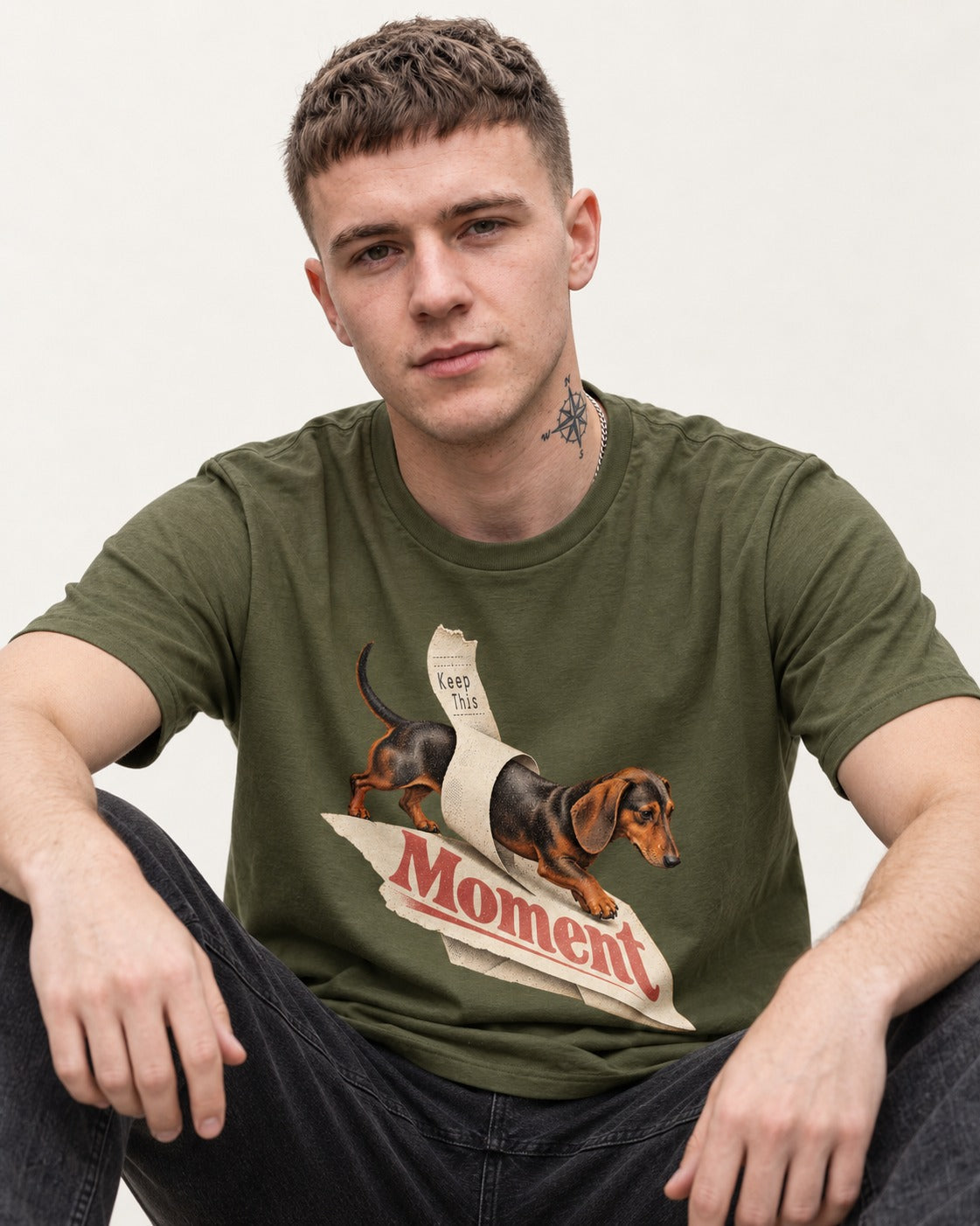 Dachshund Keep This Moment Receipt Graphic T-Shirt in Heather Military Green, worn by a seated model