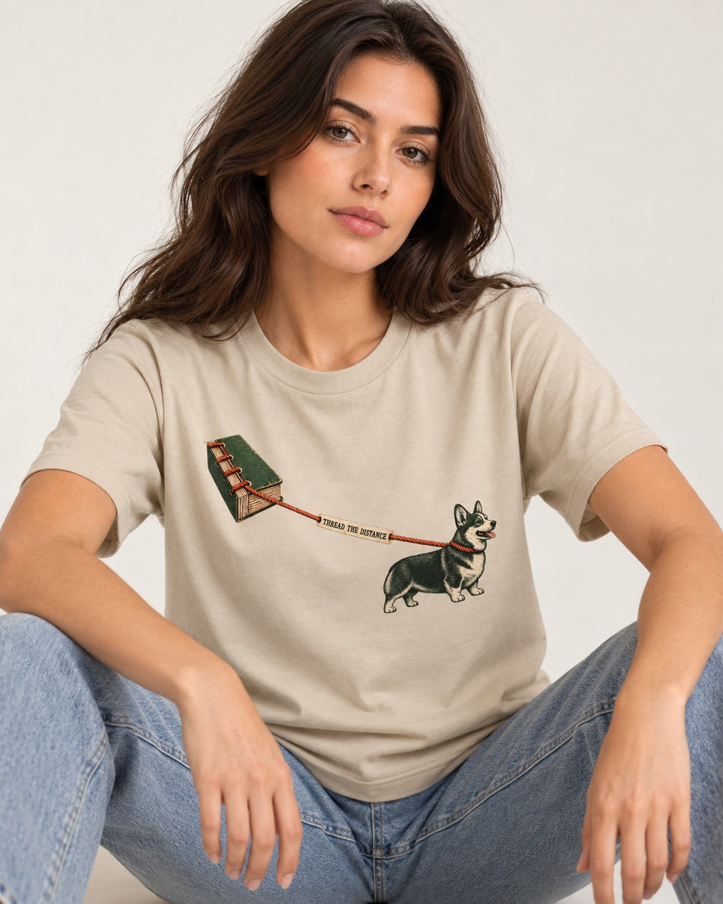 Thread the Distance with Corgi T-Shirt in Sand, worn by a seated model