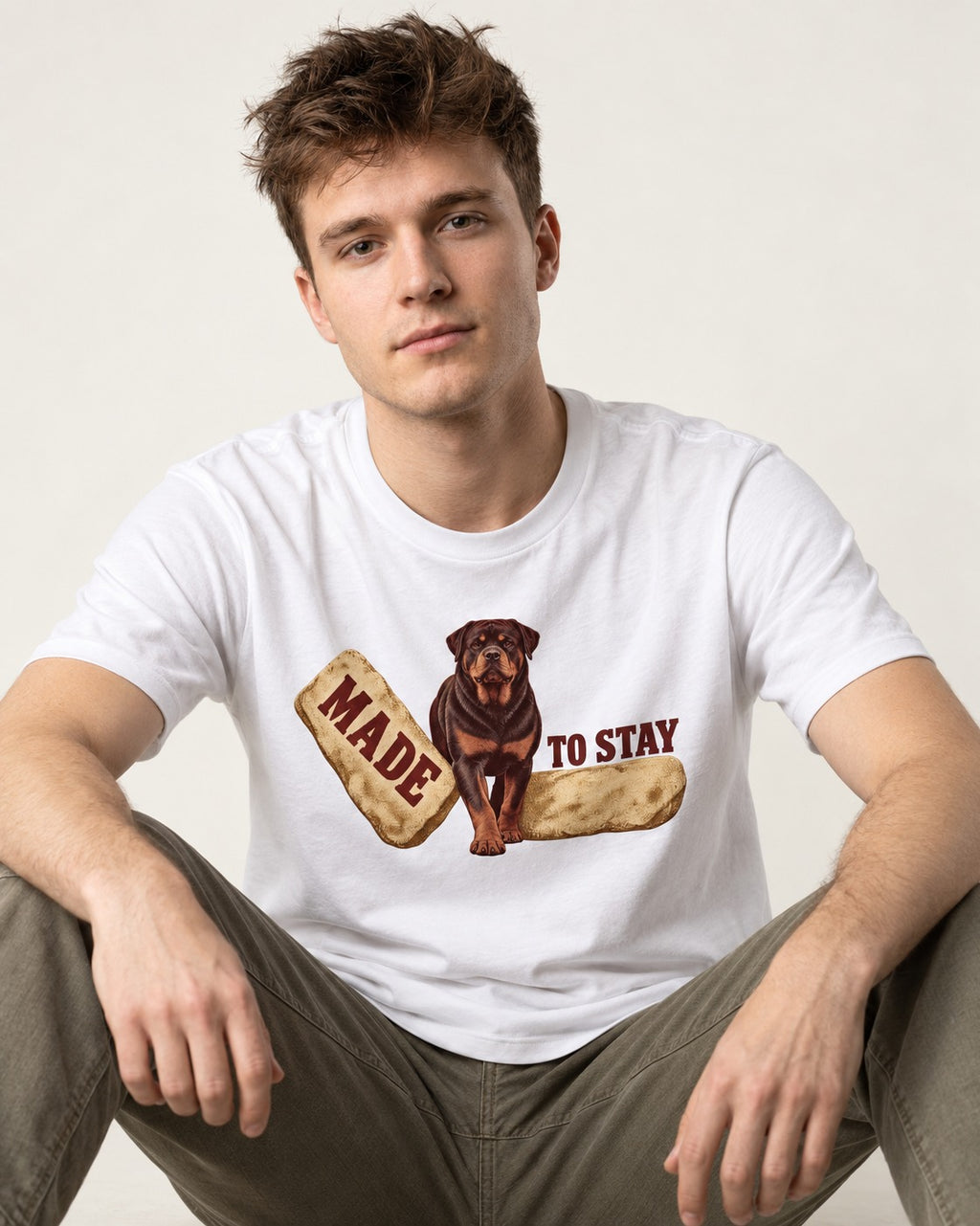 Rottweiler Made to Stay Stepping Stone Graphic T-Shirt in White, worn by a seated model