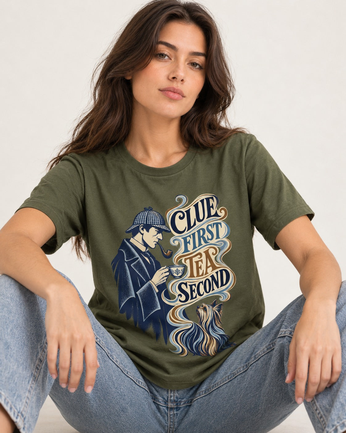 Yorkshire Terrier Clue First Tea Second Detective Graphic T-Shirt in Heather Military Green, worn by a seated model