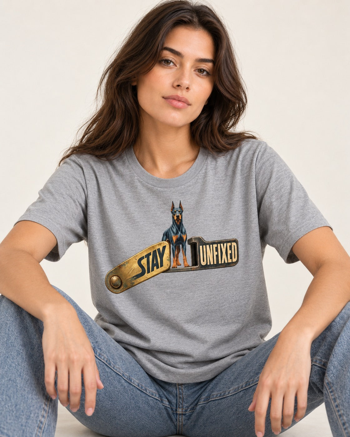 Doberman Stay Unfixed T-Shirt in Sport Grey, worn by a seated model