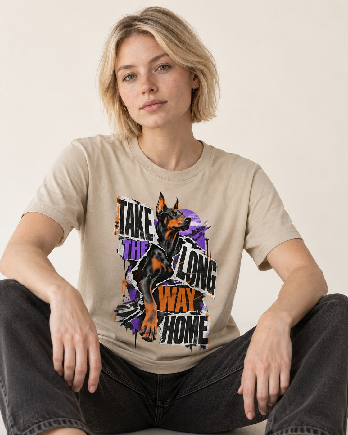 Doberman Long Way Home T-Shirt in Sand, worn by a seated model