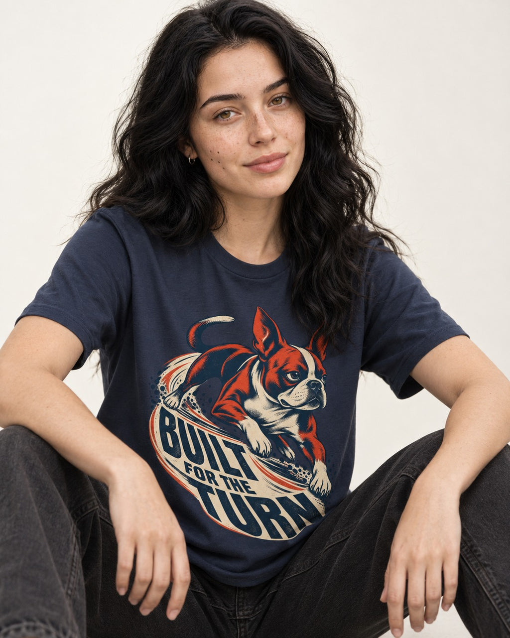 Built for the Turn Boston Terrier T-Shirt in Navy, worn by a seated model