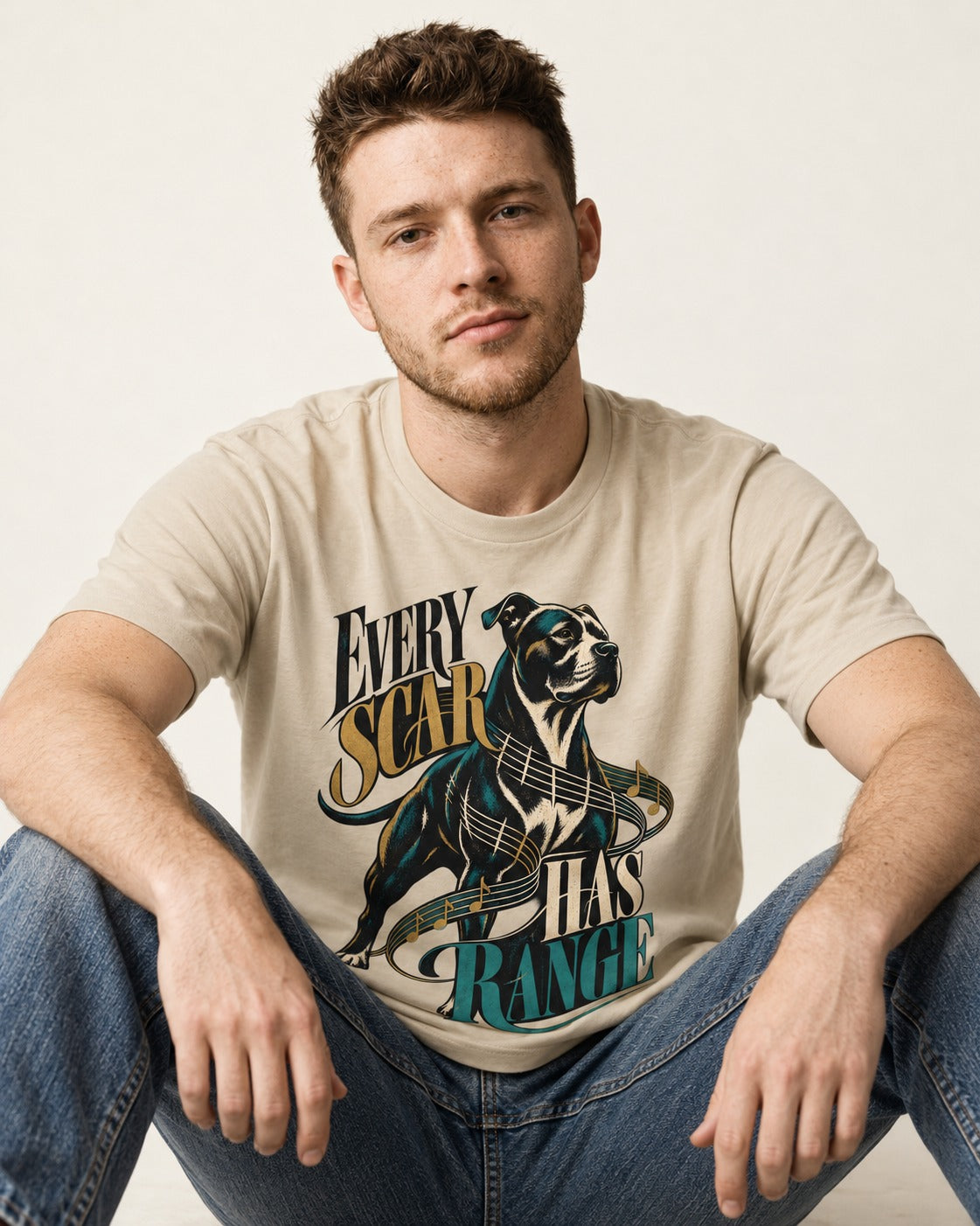 Every Pitbull Scar Has Range T-Shirt in Sand, worn by a seated model