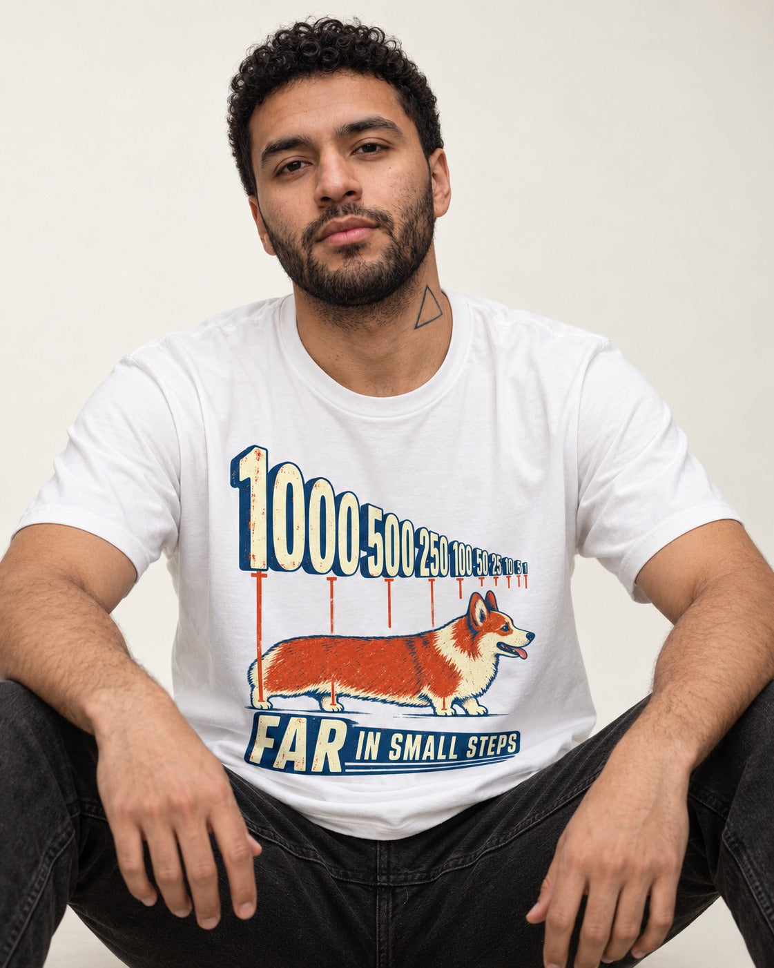 Corgi Far in Small Steps T-Shirt in White, worn by a seated model