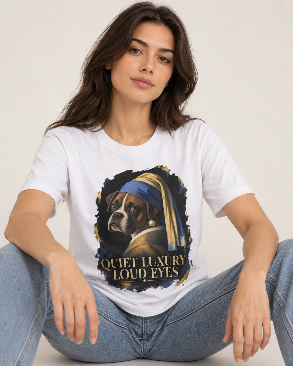 Quiet Luxury Loud Eyes Boxer Pearl Portrait T-Shirt in White, worn by a seated model