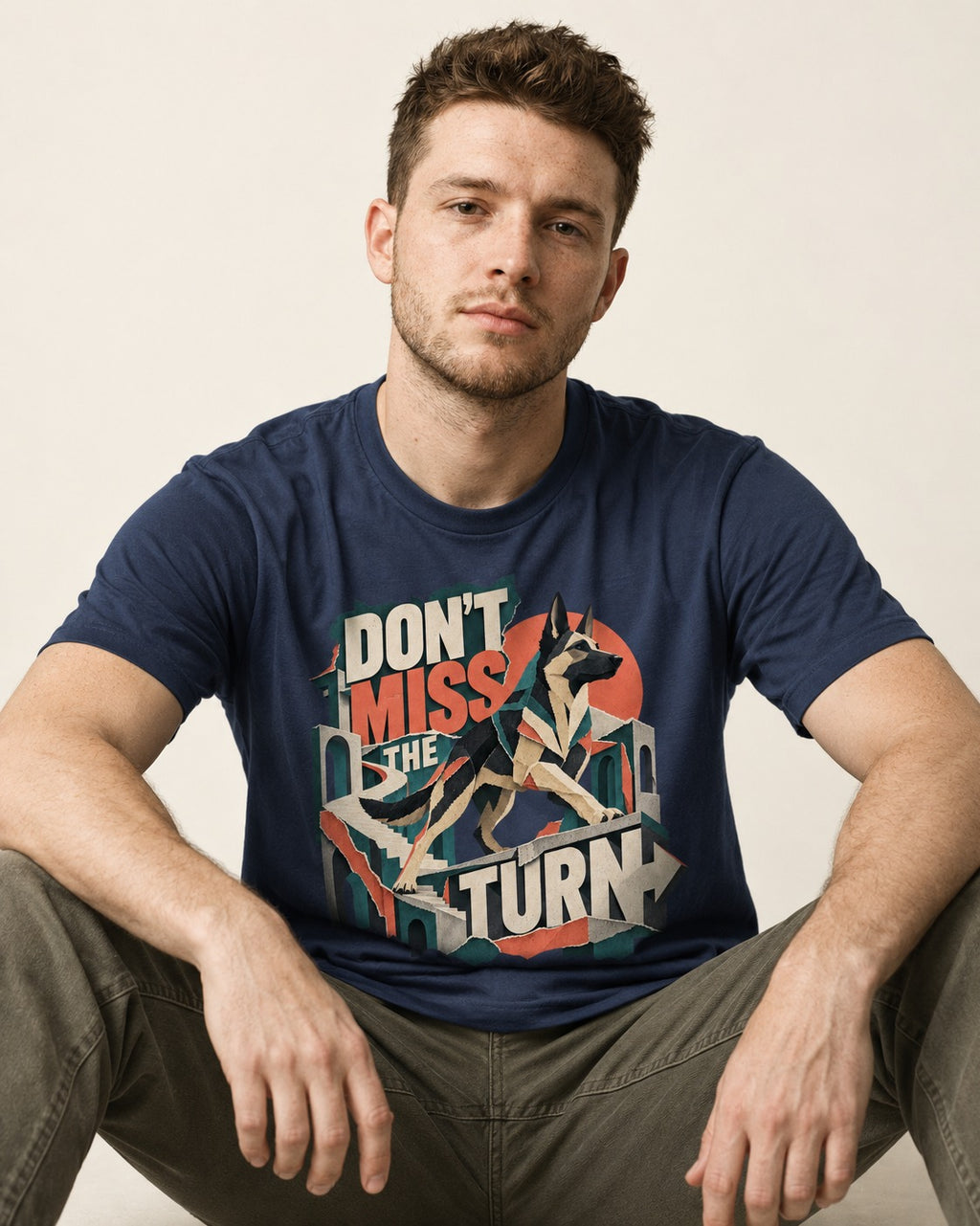Dont Miss The Turn Escher Staircase German Shepherd Dog Graphic T-Shirt in Navy, worn by a seated model
