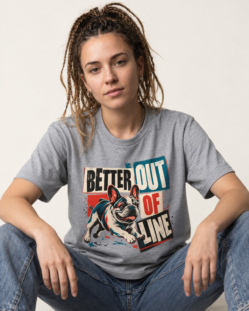 Frenchie Better Out of Line Running Graphic T-Shirt in Sport Grey, worn by a seated model