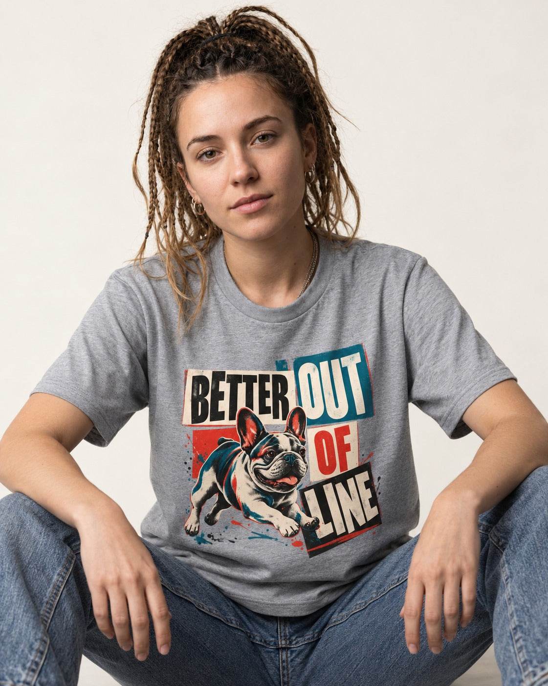 Frenchie Better Out of Line Running Graphic T-Shirt in Sport Grey, worn by a seated model