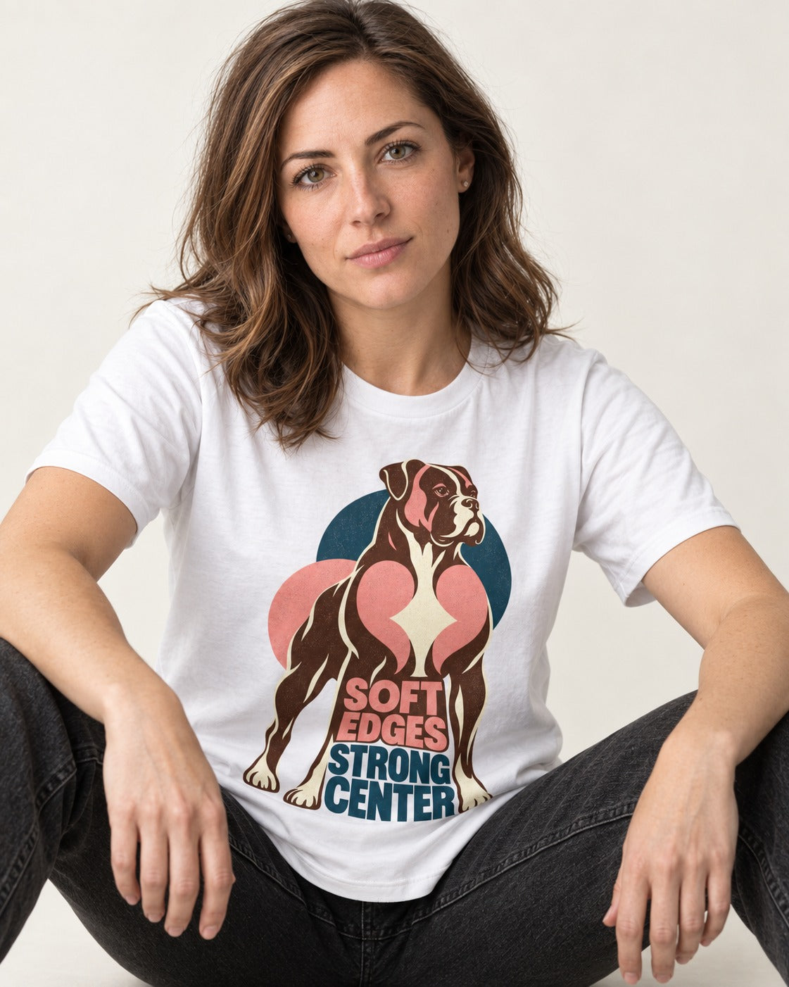 Boxer Soft Edges Strong Center T-Shirt in White, worn by a seated model