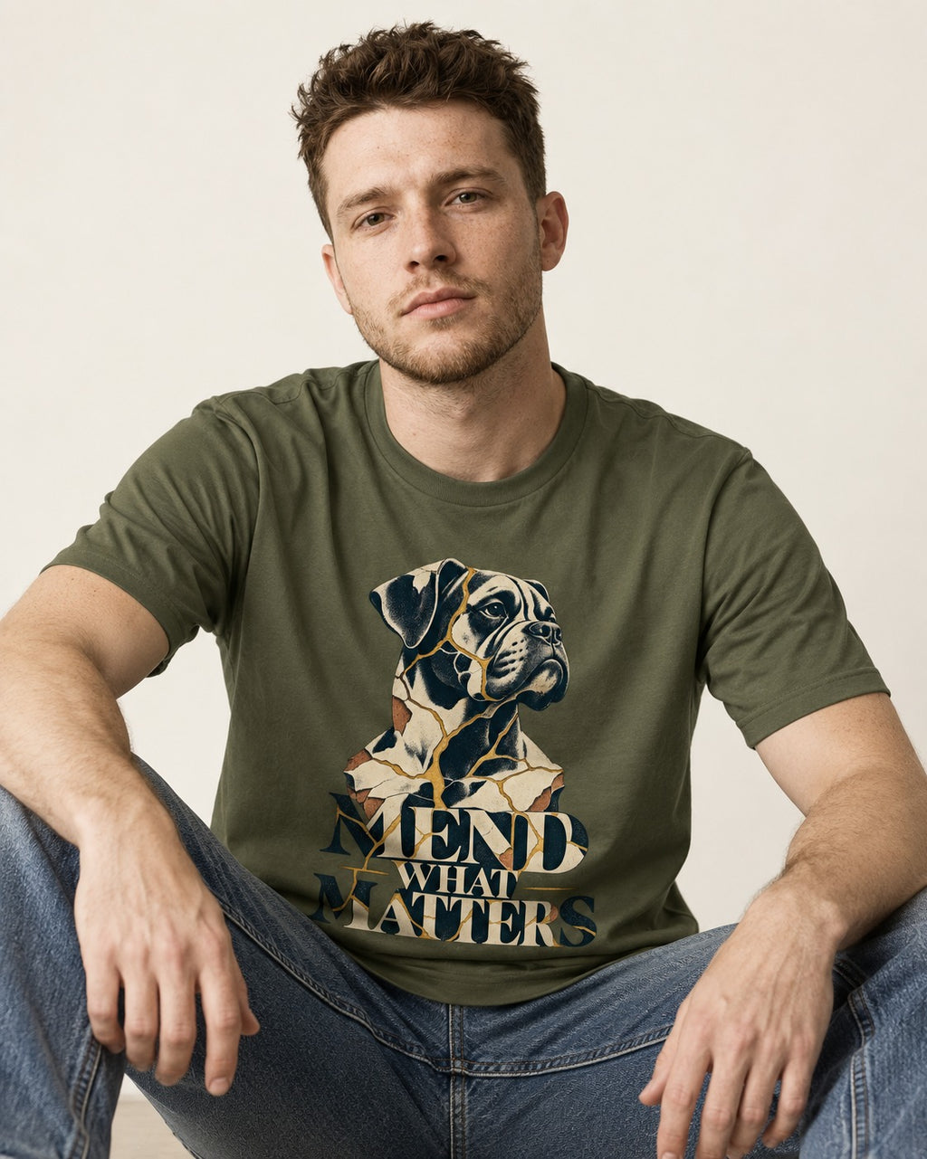 Mend What Matters Boxer Kintsugi Portrait T-Shirt in Heather Military Green, worn by a seated model