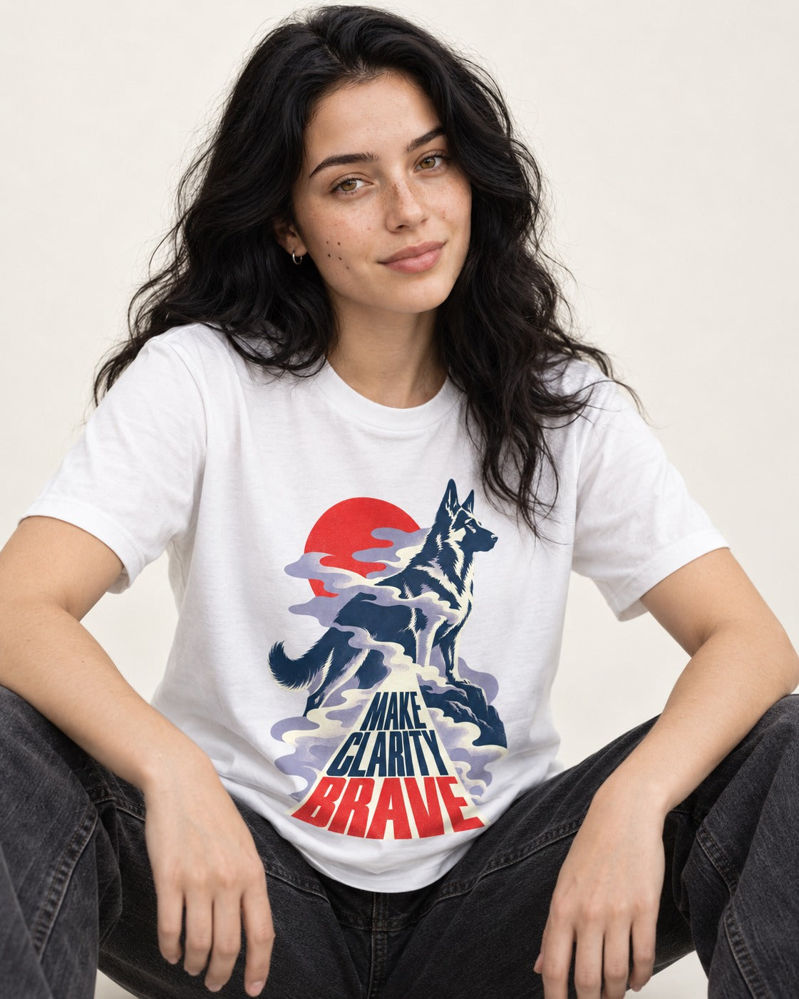 Make Clarity Brave Mountain German Shepherd Dog Graphic T-Shirt in White, worn by a seated model