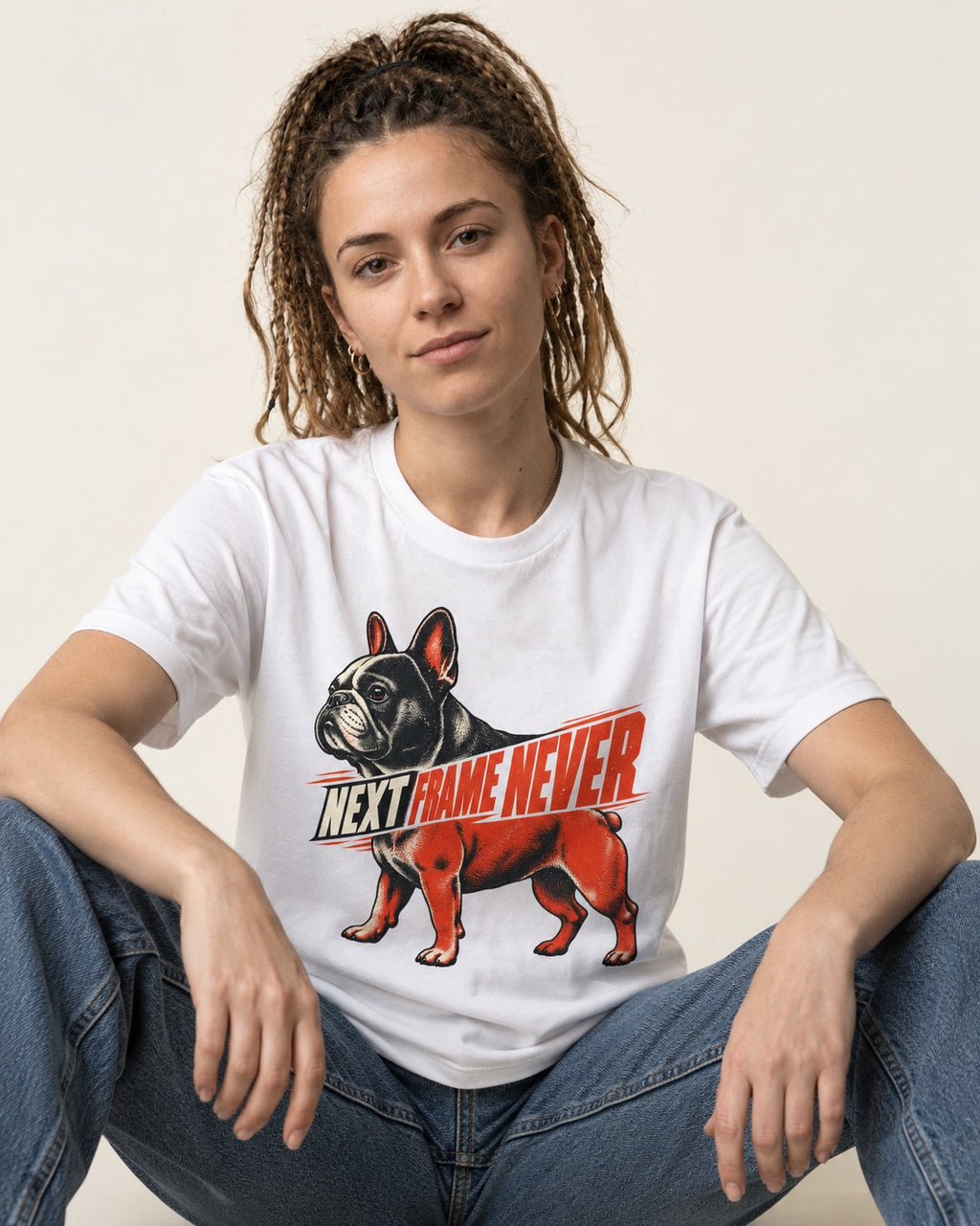 Frenchie Next Frame Never Motion Banner Graphic T-Shirt in White, worn by a seated model