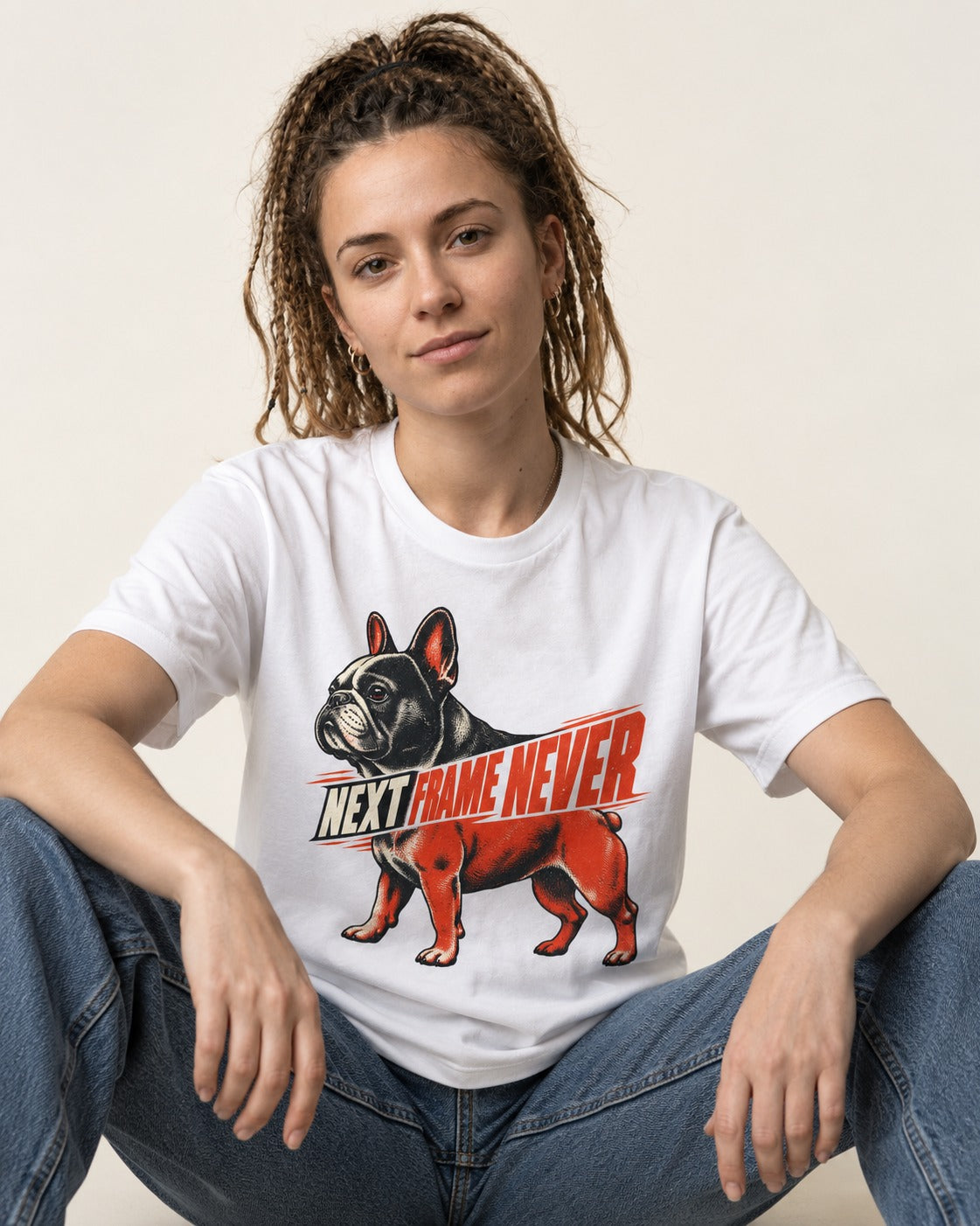 Frenchie Next Frame Never Motion Banner Graphic T-Shirt in White, worn by a seated model