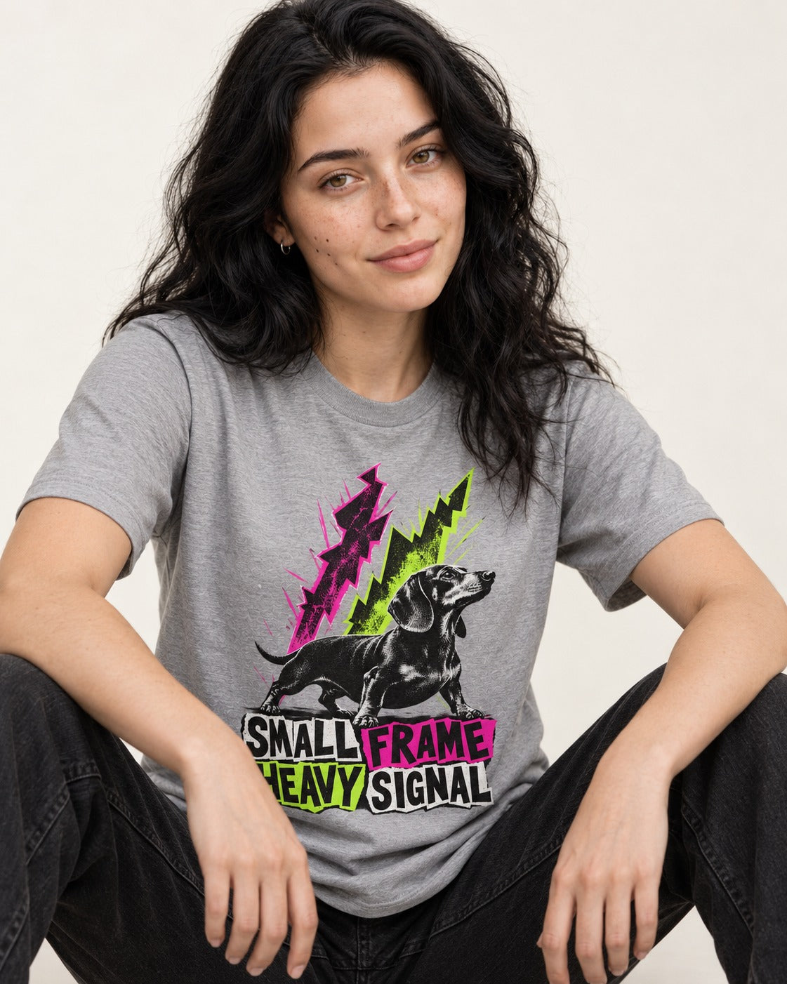 Dachshund Small Frame Heavy Signal T-Shirt in Sport Grey, worn by a seated model