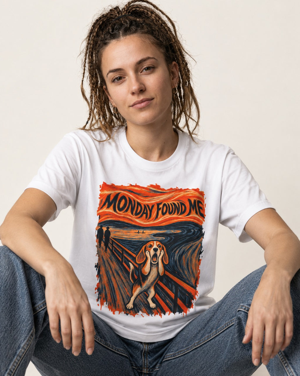 Monday Found Me Beagle Scream Scene T-Shirt in White, worn by a seated model