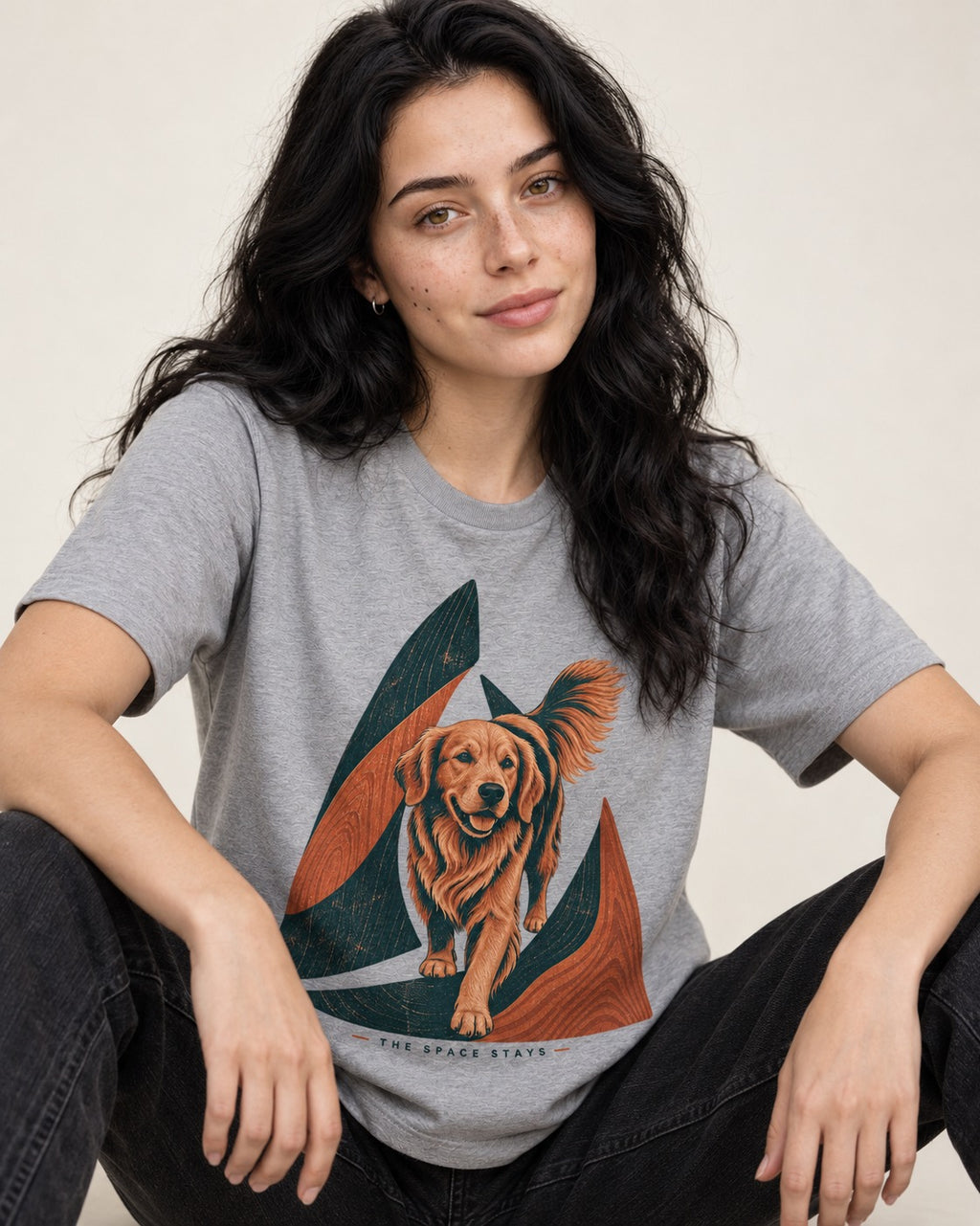 The Golden Retriever Space Stays T-Shirt in Sport Grey, worn by a seated model