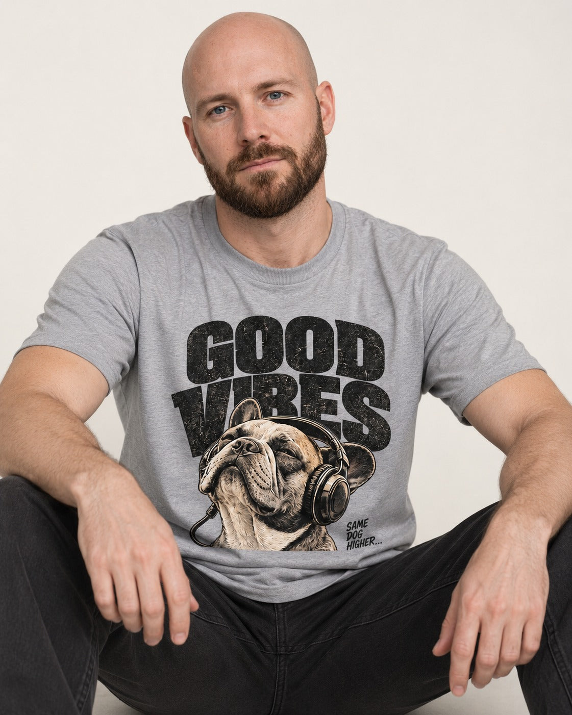 Frenchie Good Vibes T-Shirt in Sport Grey, worn by a seated model