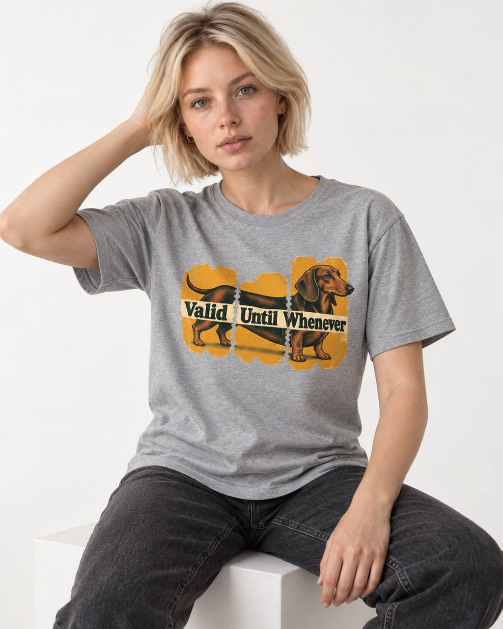Dachshund Valid Until Whenever T-Shirt in Sport Grey, worn by a seated model