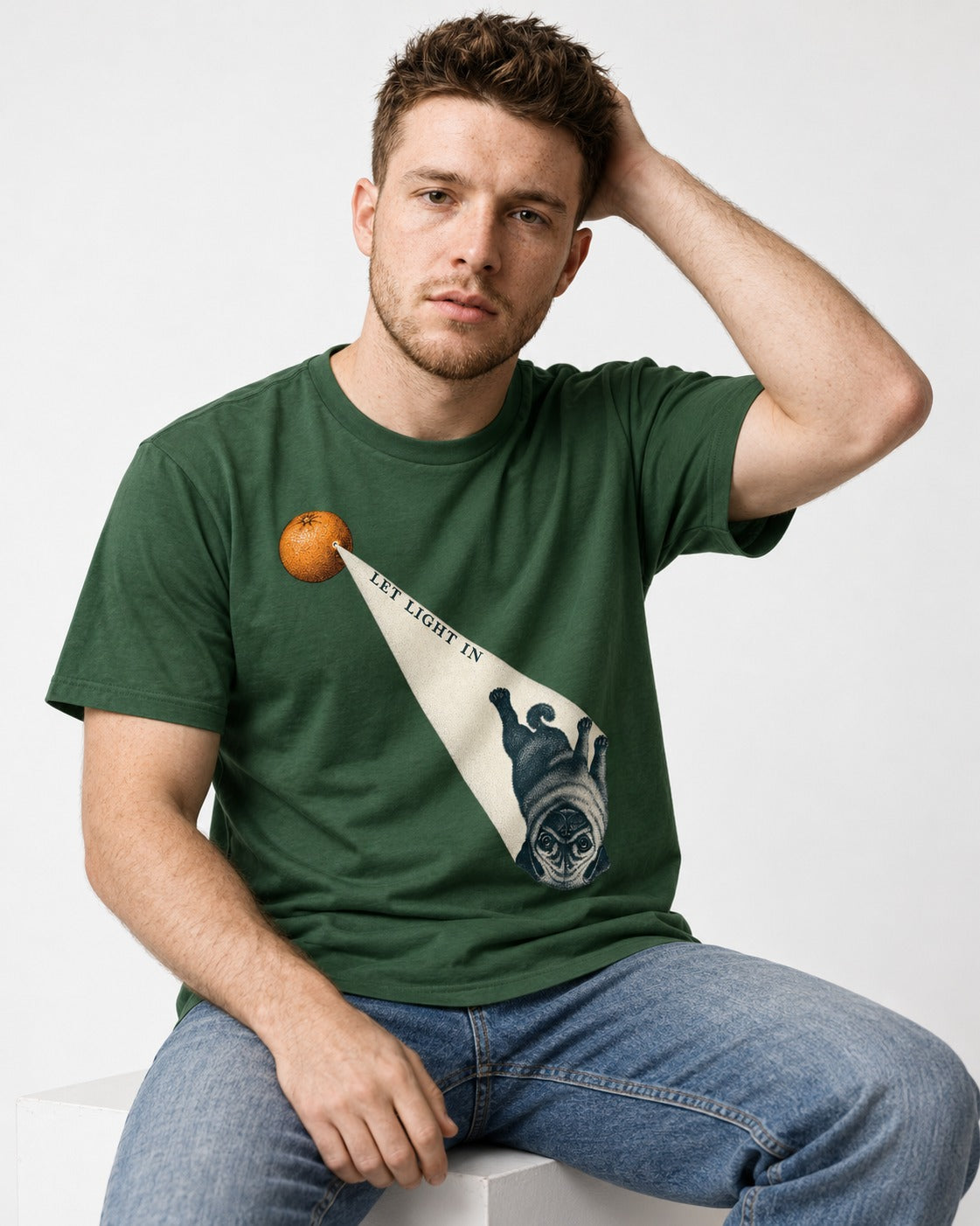 Pug Let Light In Camera Obscura Graphic T-Shirt in Forest Green, worn by a seated model