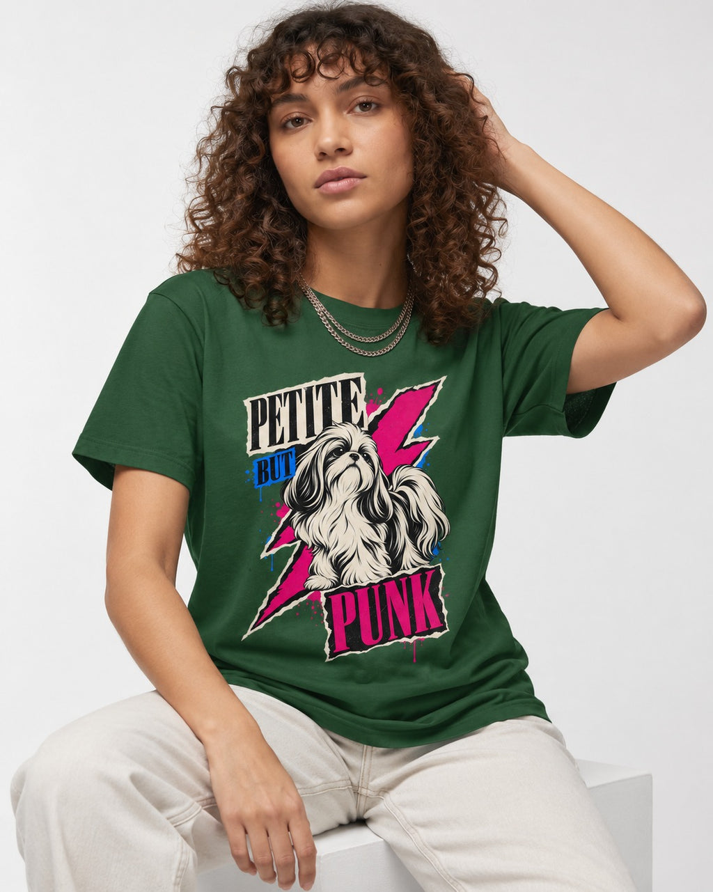 Shih Tzu Petite but Punk Lightning Graphic T-Shirt in Forest Green, worn by a seated model