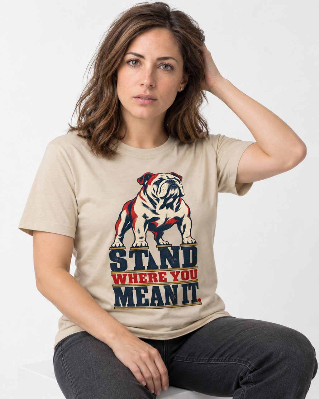 English Bulldog Stand T-Shirt in Sand, worn by a seated model