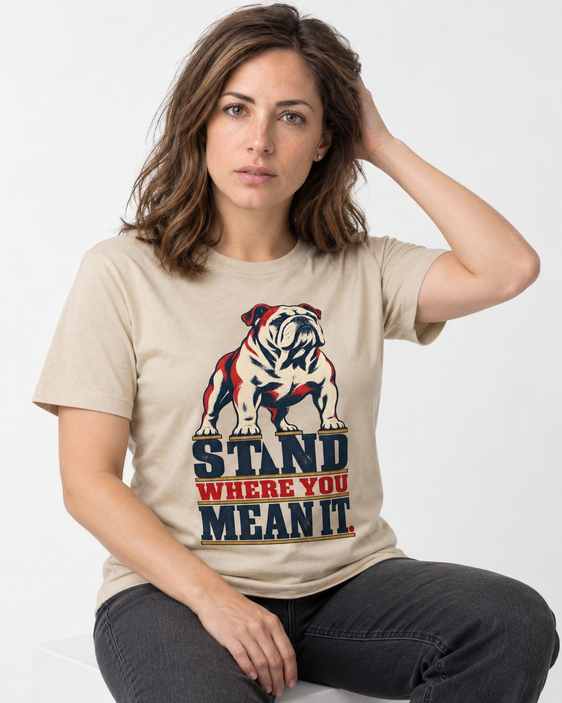 English Bulldog Stand T-Shirt in Sand, worn by a seated model