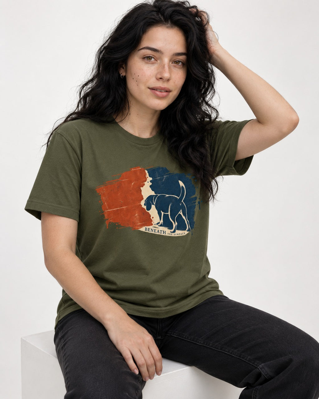 Beagle Beneath The Surface Scent Trail T-Shirt in Heather Military Green, worn by a seated model
