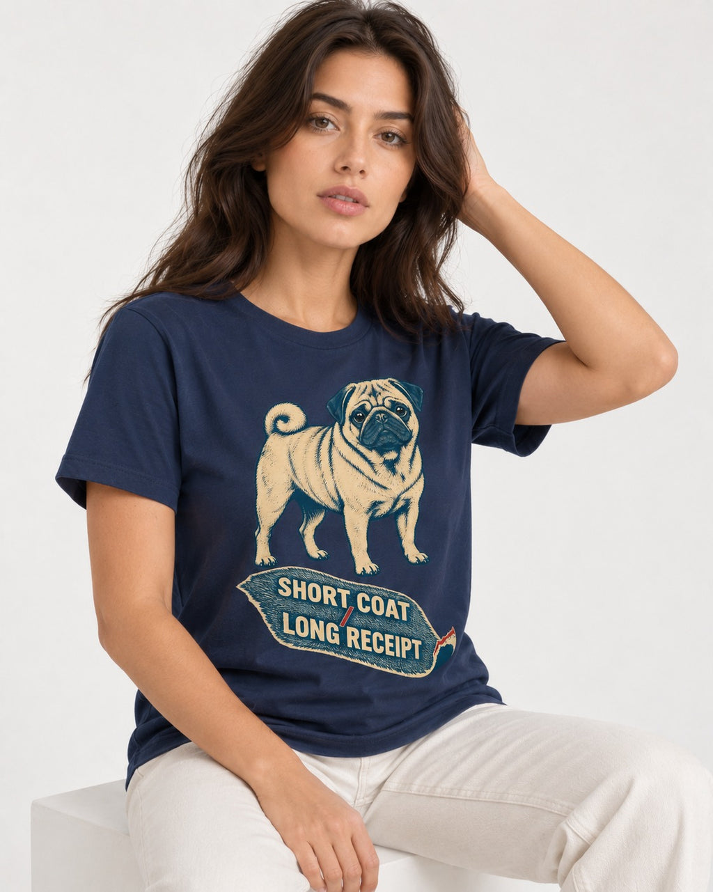 Pug Short Coat Long Receipt Graphic T-Shirt in Navy, worn by a seated model