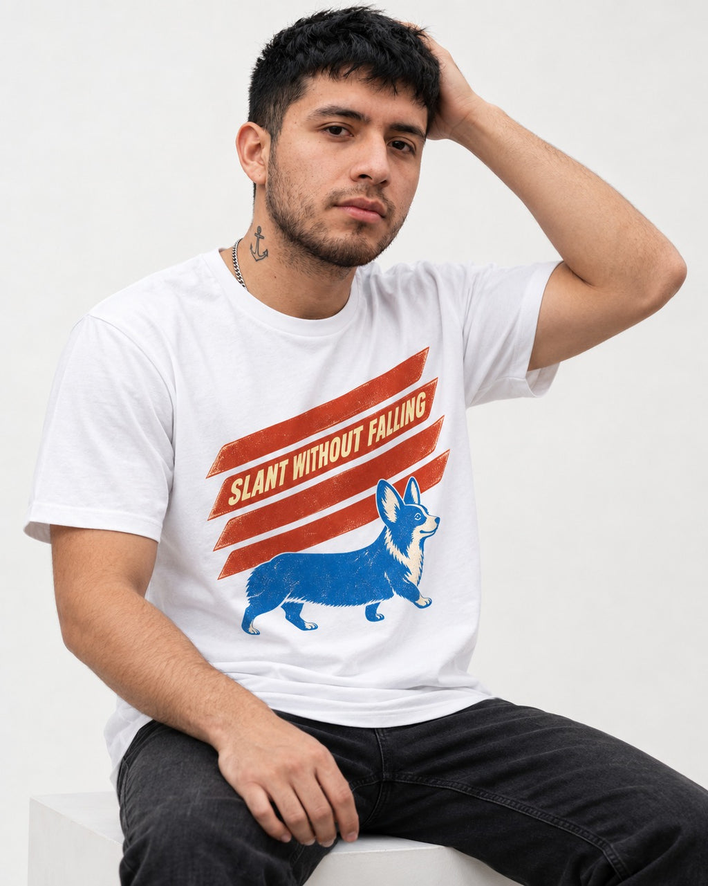 Corgi Slant Without Falling Speed Graphic T-Shirt in White, worn by a seated model