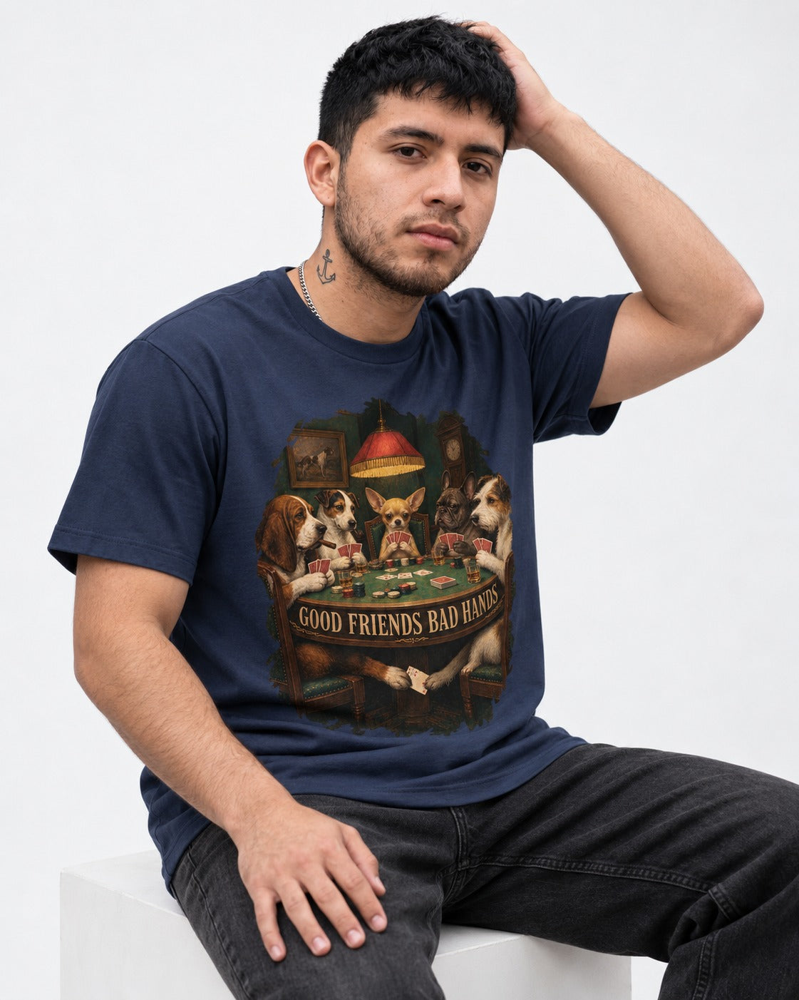 Good Friends Bad Hands Chihuahua Poker Scene T-Shirt in Navy, worn by a seated model