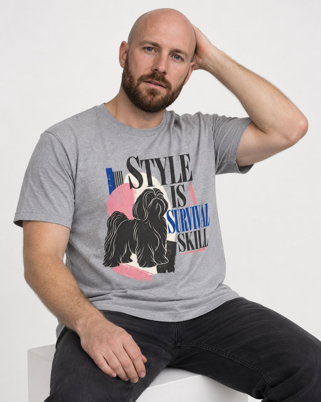 Shih Tzu Survival Skill T-Shirt in Sport Grey, worn by a seated model