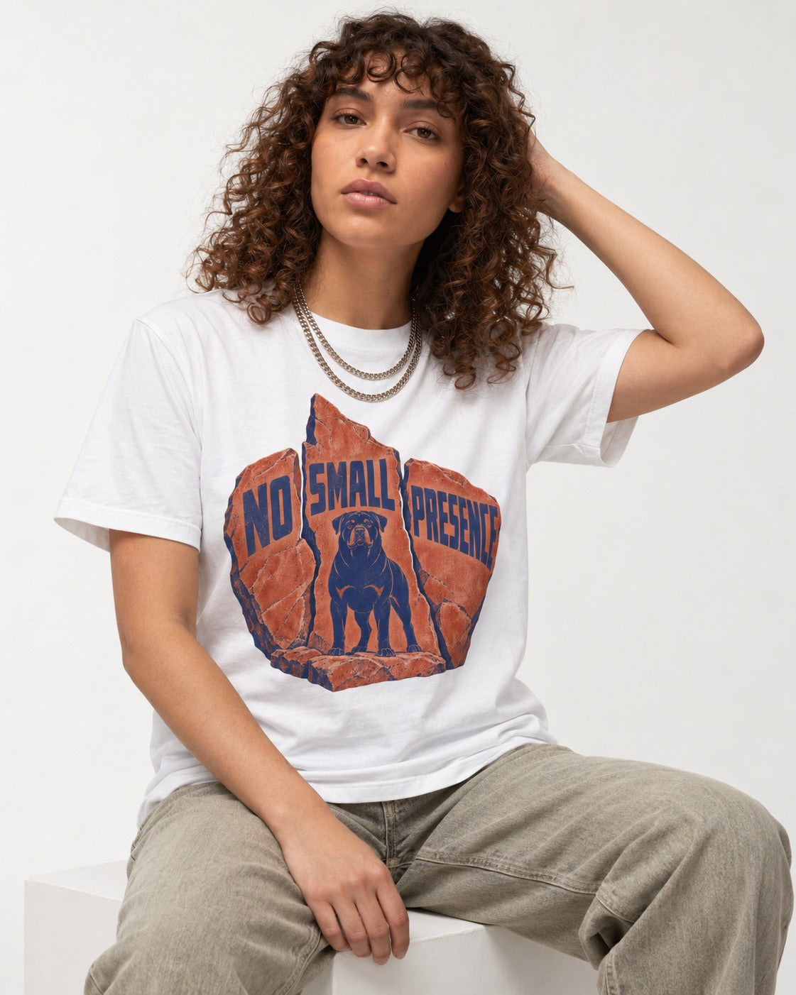 Rottweiler No Small Presence Monument Rock Graphic T-Shirt in White, worn by a seated model