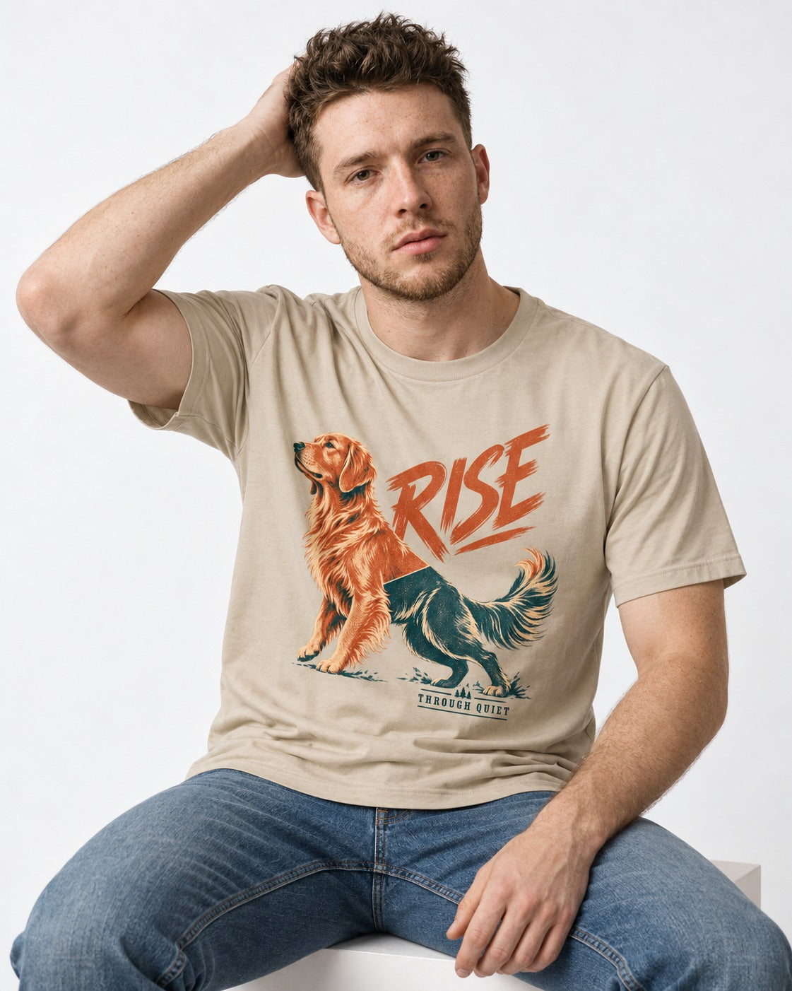 Golden Retriever Rise Through Quiet T-Shirt in Sand, worn by a seated model