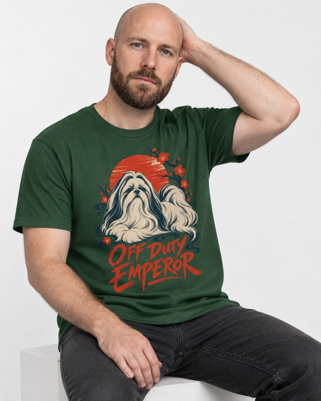 Shih Tzu Off Duty Emperor Sunset Blossom Graphic T-Shirt in Forest Green, worn by a seated model
