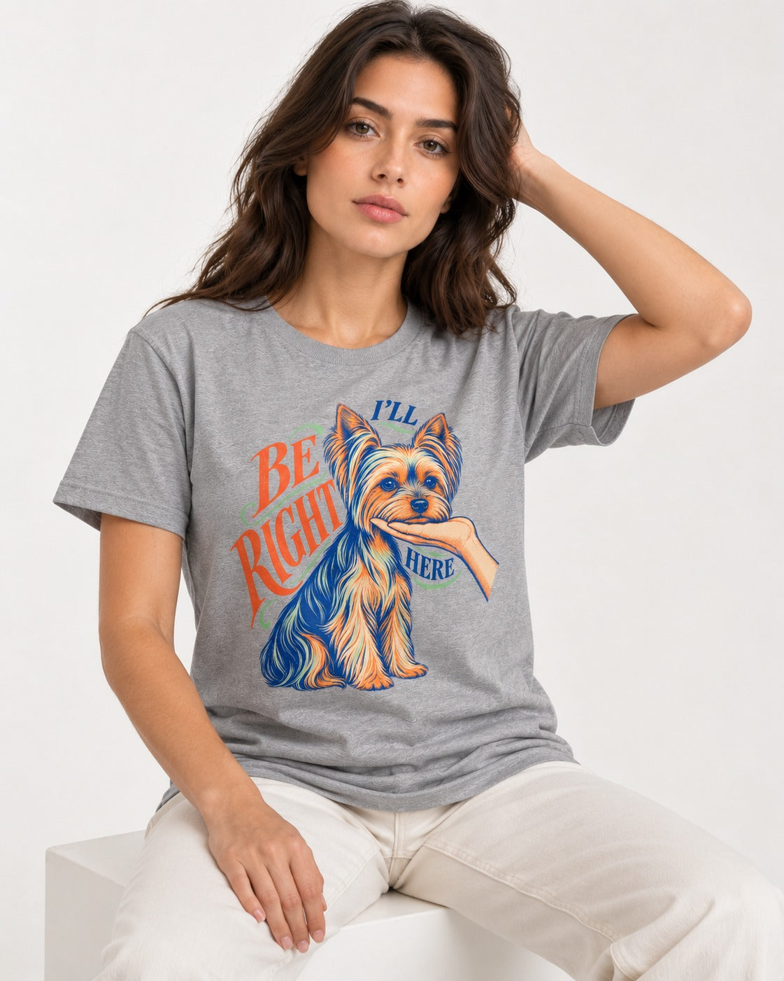 Yorkshire Terrier I'll Be Right Here T-Shirt in Sport Grey, worn by a seated model