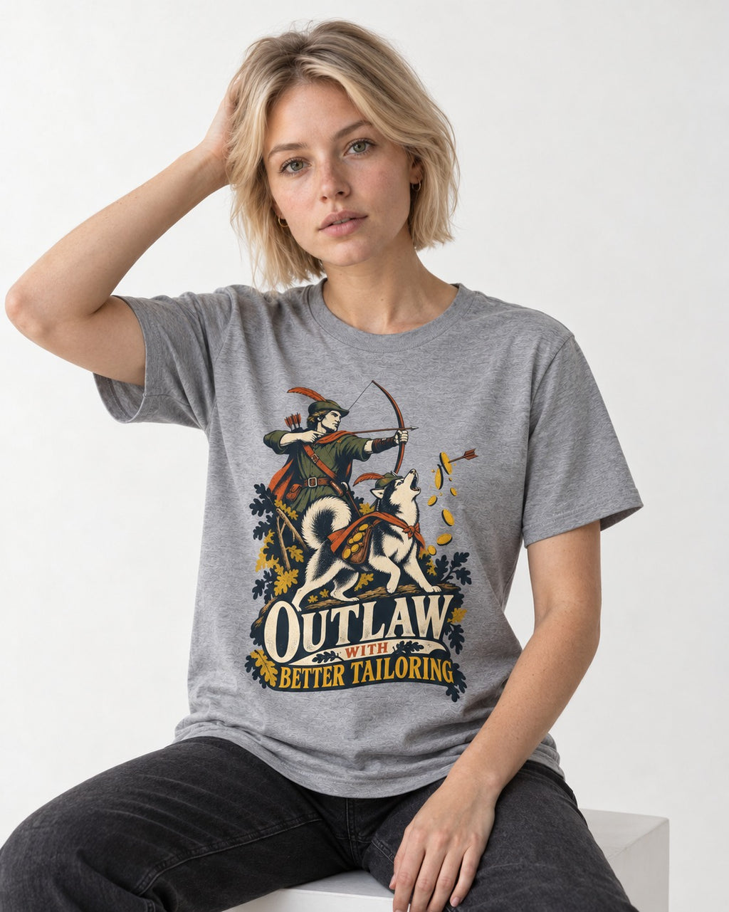 Husky Outlaw with Better Tailoring T-Shirt in Sport Grey, worn by a seated model