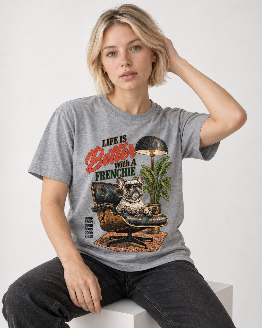 Better with a Frenchie T-Shirt in Sport Grey, worn by a seated model