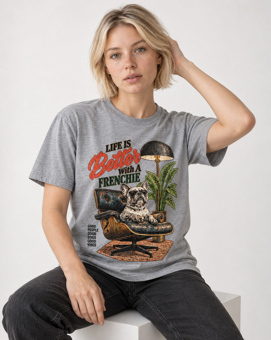 Better with a Frenchie T-Shirt in Sport Grey, worn by a seated model