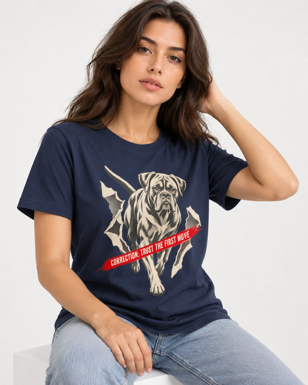 Mastiff Mismatch Boxer Needs Review T-Shirt in Navy, worn by a seated model