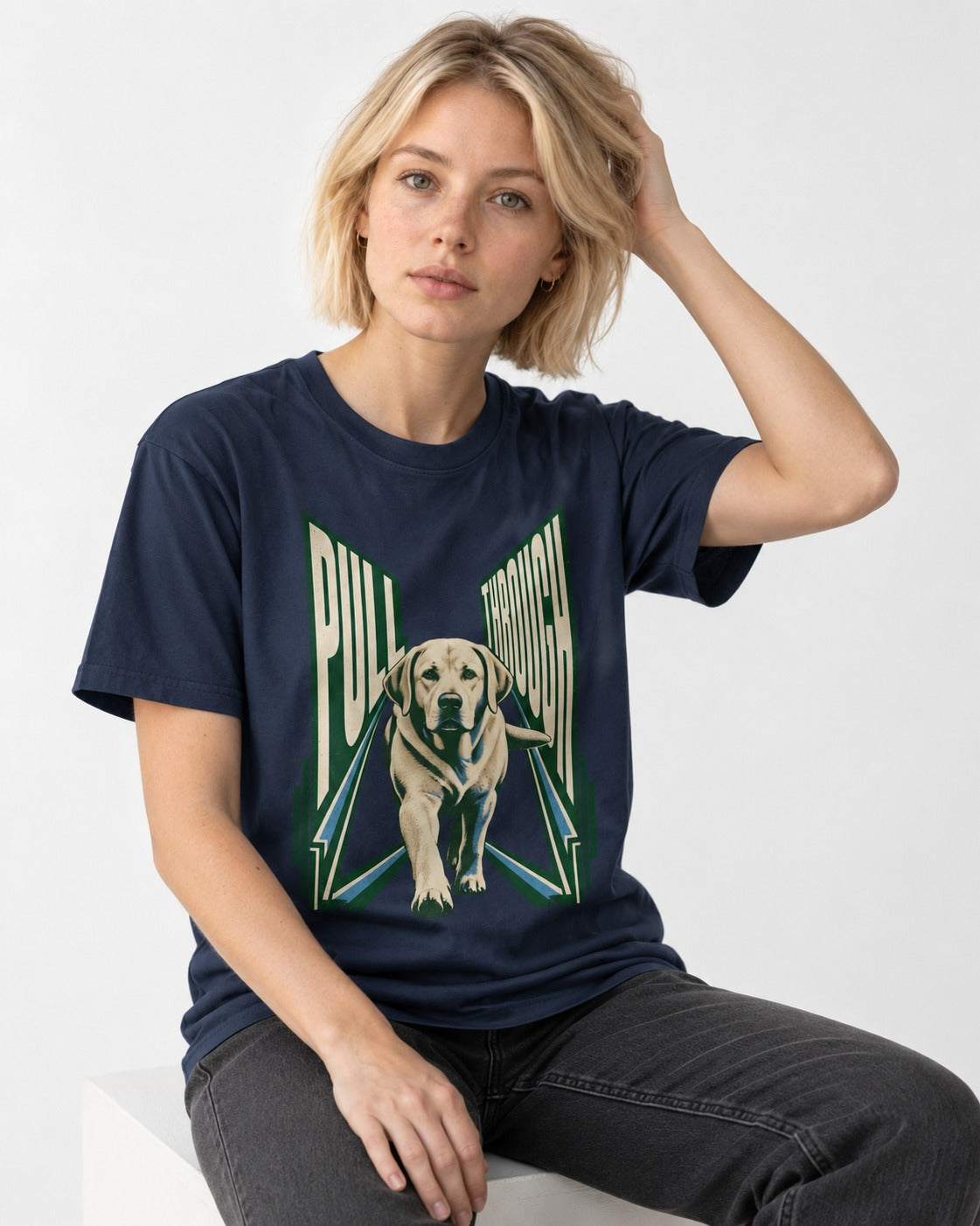 Labrador Retriever Pull Through Perspective Graphic T-Shirt in Navy, worn by a seated model