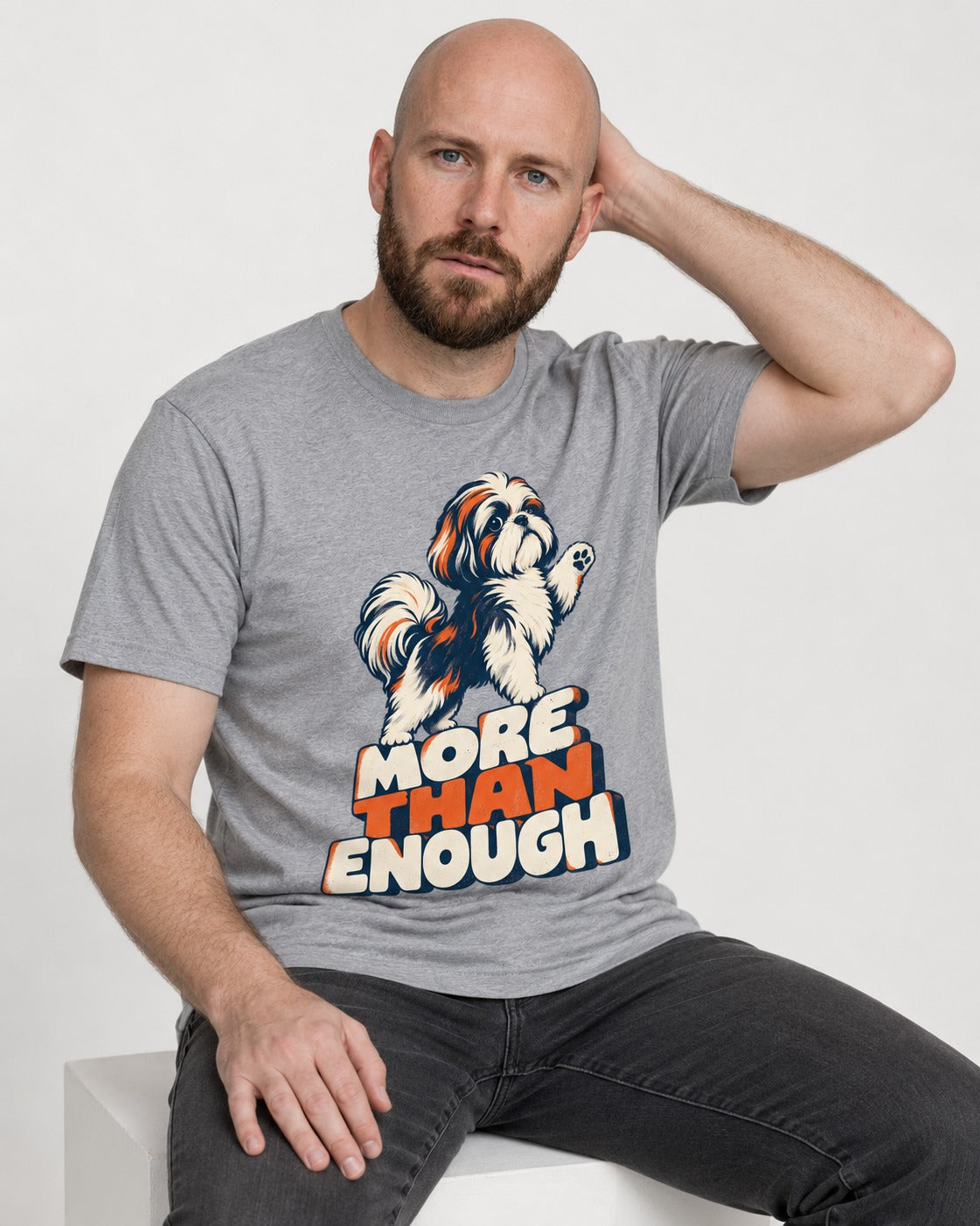 More Than Enough Shih Tzu T-Shirt in Sport Grey, worn by a seated model