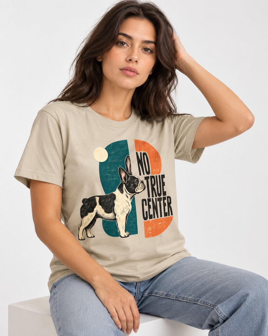 No True Center Frenchie T-Shirt in Sand, worn by a seated model