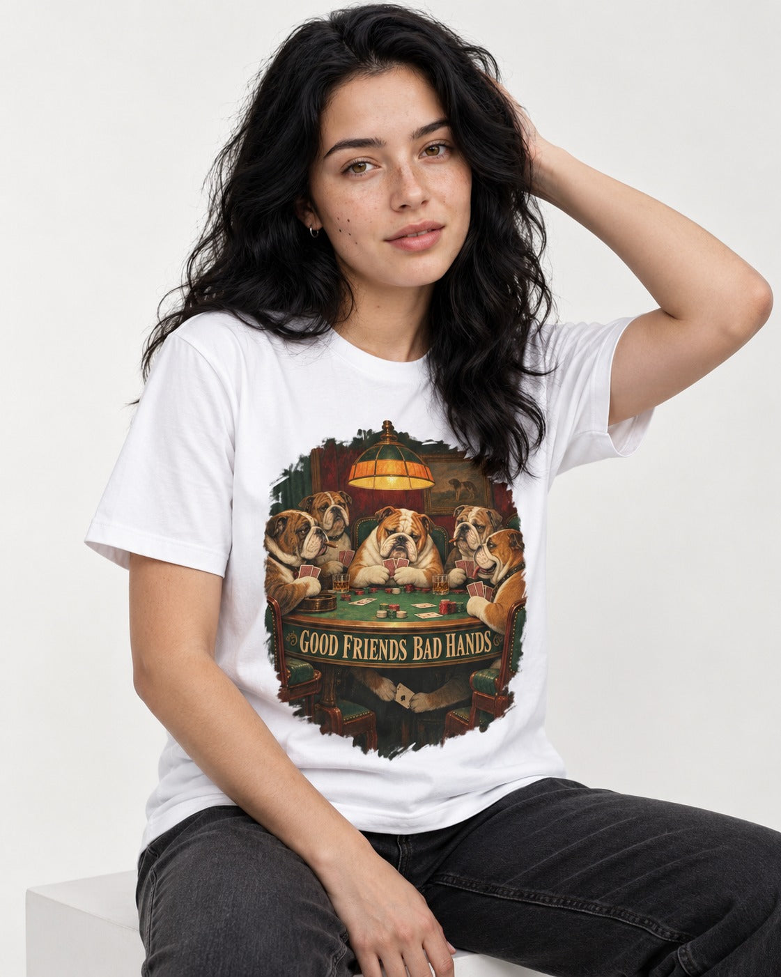 English Bulldog Good Friends Bad Hands Poker Graphic T-Shirt in White, worn by a seated model